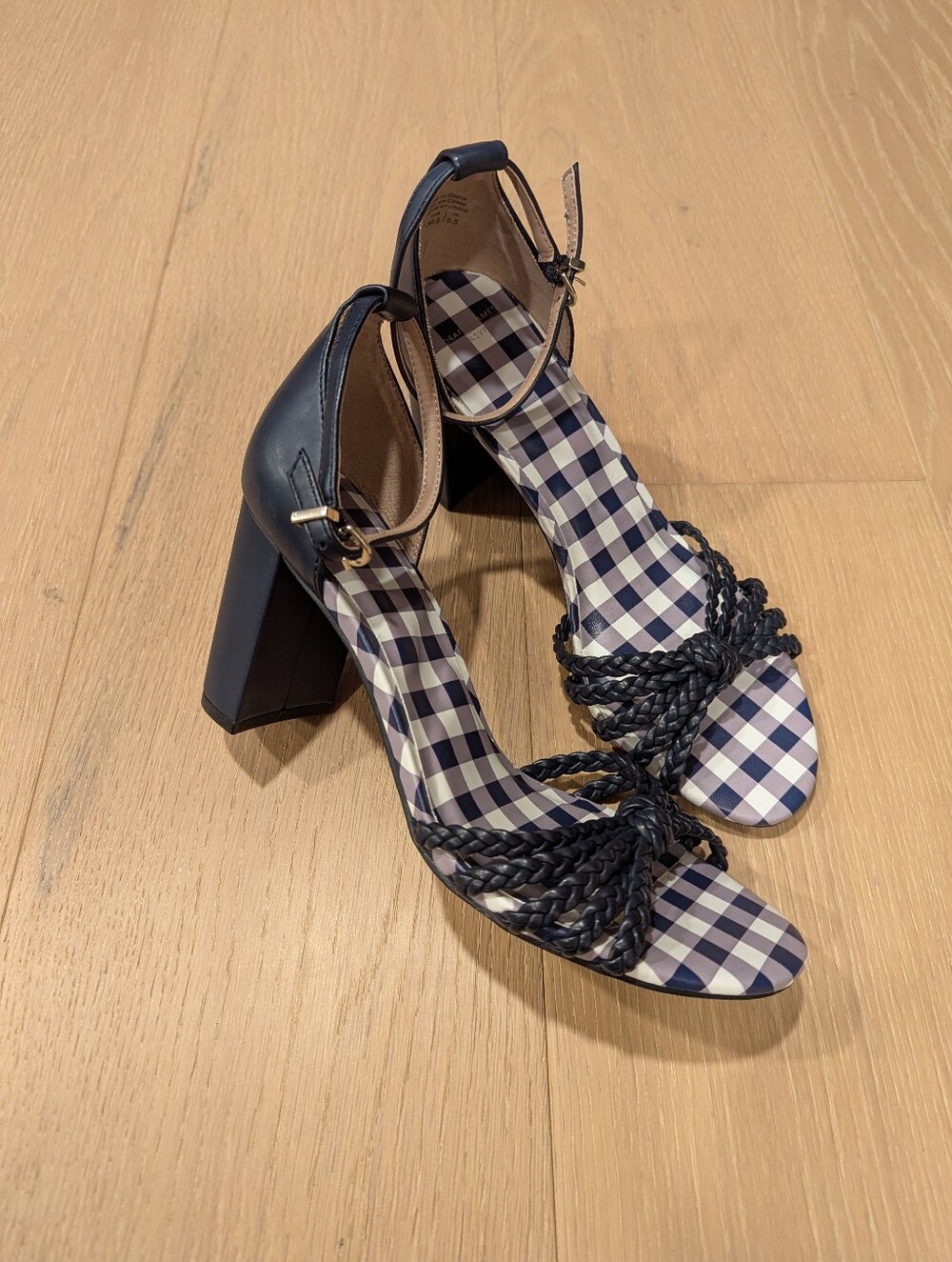 Braided Strap Block Heel Sandals in Navy